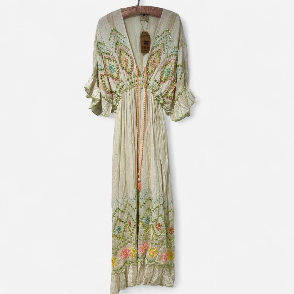 PALAK Boho Embroidered Beaded Cream Neon Detailed Maxi Dress One Size NWT - Picture 2 of 8